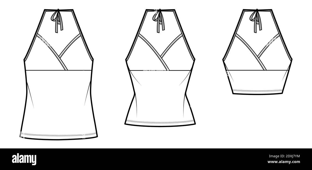 Set von Camisoles Halfter Hals Surplice Tank technische Mode-Illustration mit Empire-Naht, Schleife, schlank, übergroße Passform, Crop, Tunika Länge. Flat top Schablone vorne weiß Farbe. Frauen Männer CAD Mockup Stock Vektor