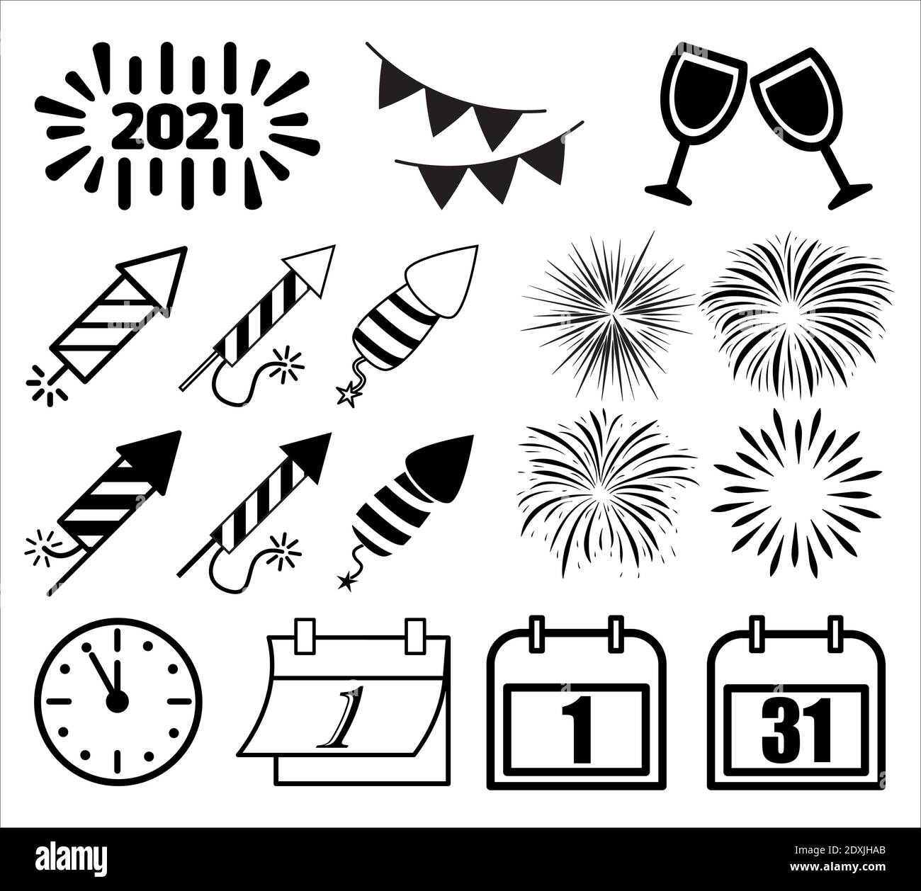 Symbol für Neujahr, Symbolsatz. Silhouette und Umrisse Formen. Vektorgrafik isoliert auf weißem Hintergrund Stock Vektor