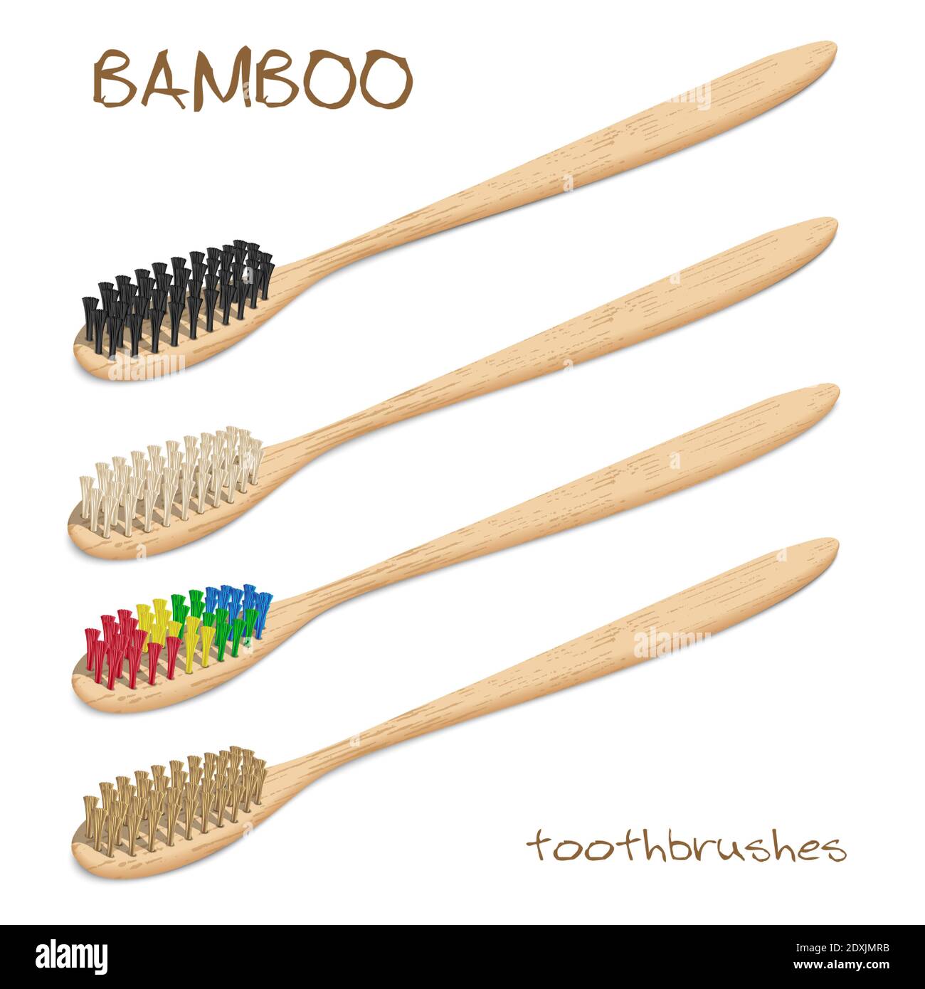 Bambuszahnbürsten. Varicolorierte, natürliche Borsten. Kein Abfall, biologisch abbaubares Material. Umweltfreundliche Produkte. Isoliert auf weißem Hintergrund. Anders Stock Vektor