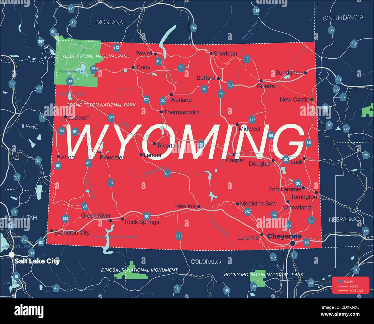Wyoming State Detaillierte bearbeitbare Karte mit Städten und Städten