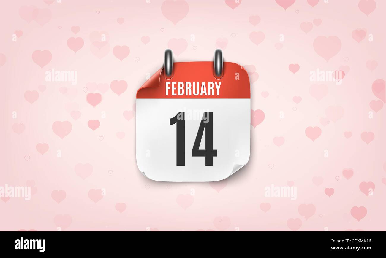 Februar 14 realistisches Kalendersymbol auf rosa Hintergrund mit Herzen. Stock Vektor