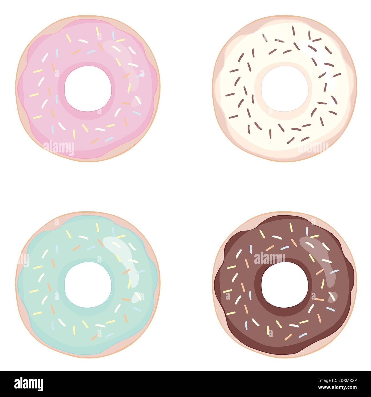 Donut-Vektor auf weißem Hintergrund gesetzt. Donuts Set mit Minze, cremig, rosa und blau glasiert. Donats buntes Icon Set. Donuts in die Glasur Kollektion. Stock Vektor