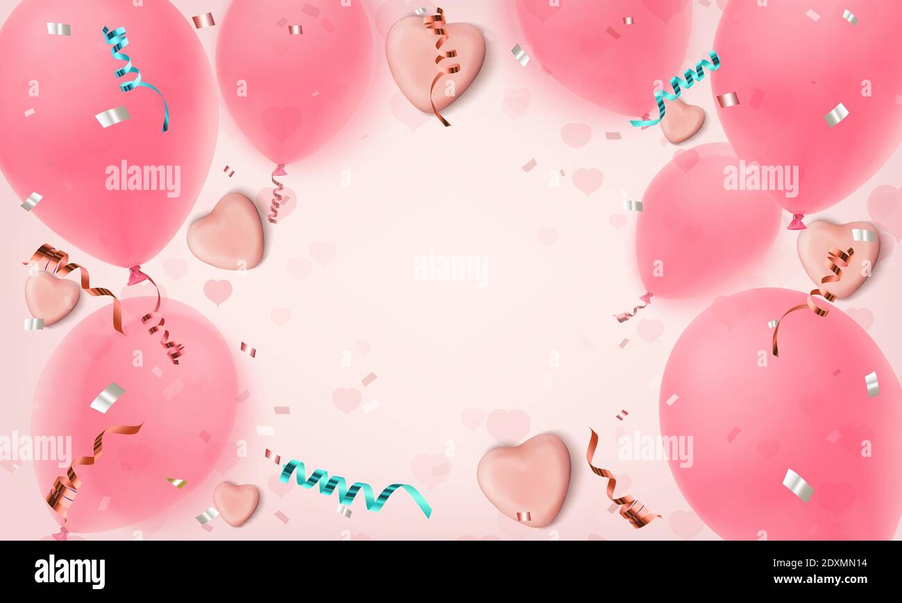 Abstrakt rosa Hintergrund mit realistischen Süßigkeiten Herzen, Luftballons, konfetti und Bändern. Stock Vektor