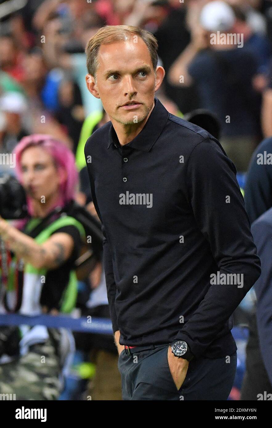 Datei Foto - Paris Saint-Germain Thomas Tuchel während der Ligue 1 Paris Saint-Germain (PSG) gegen Toulouse Fußballspiel im Parc des Princes Stadion in Paris, am 25. August 2019. PSG gewann 4:0. - der Trainer des Pariser Clubs PSG Thomas Tuchel wurde am Donnerstag, den 24. Dezember, entlassen. Der Vertrag des Pariser Reisebusses sollte im Juni 2021 in sechs Monaten enden. Foto von Christian Liewig/ABACAPRESS/Alamy Live News Stockfoto