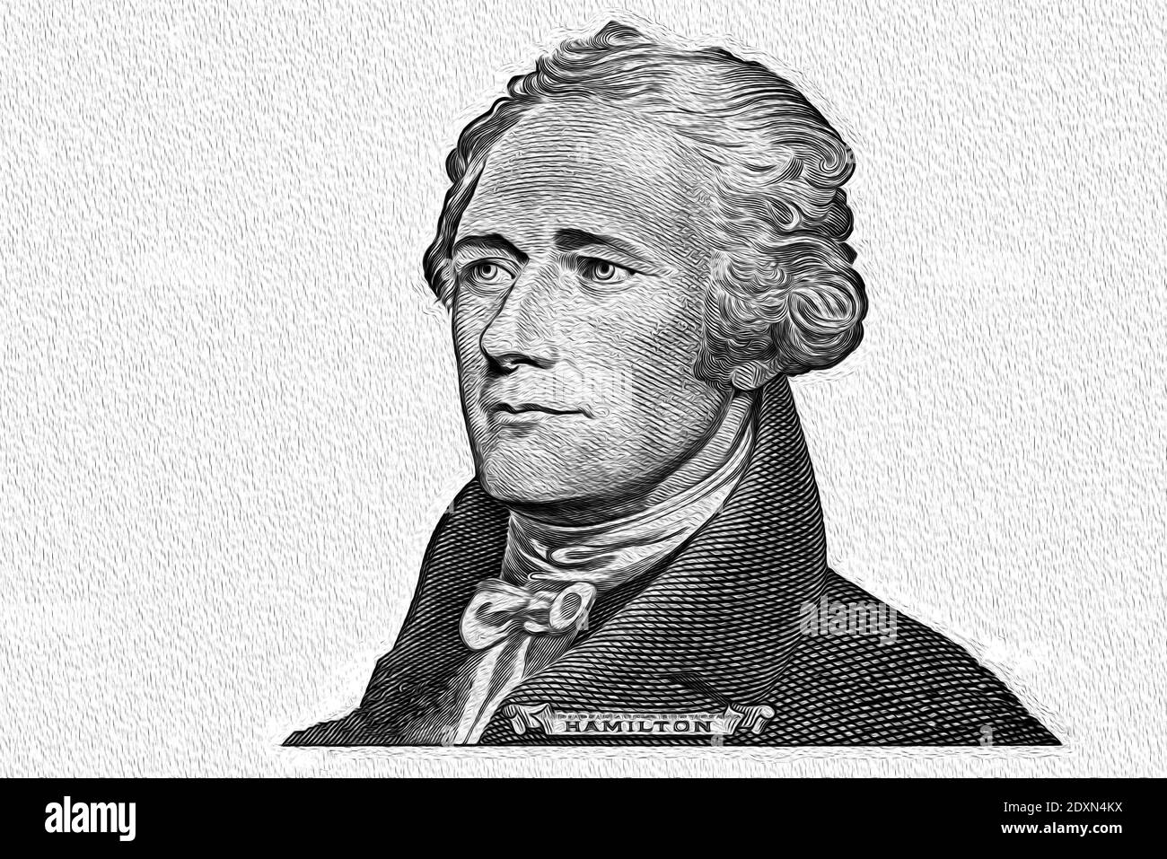 Alexander Hamilton Schnitt auf 10-Dollar-Banknote isoliert auf Weiß Hintergrund Stockfoto