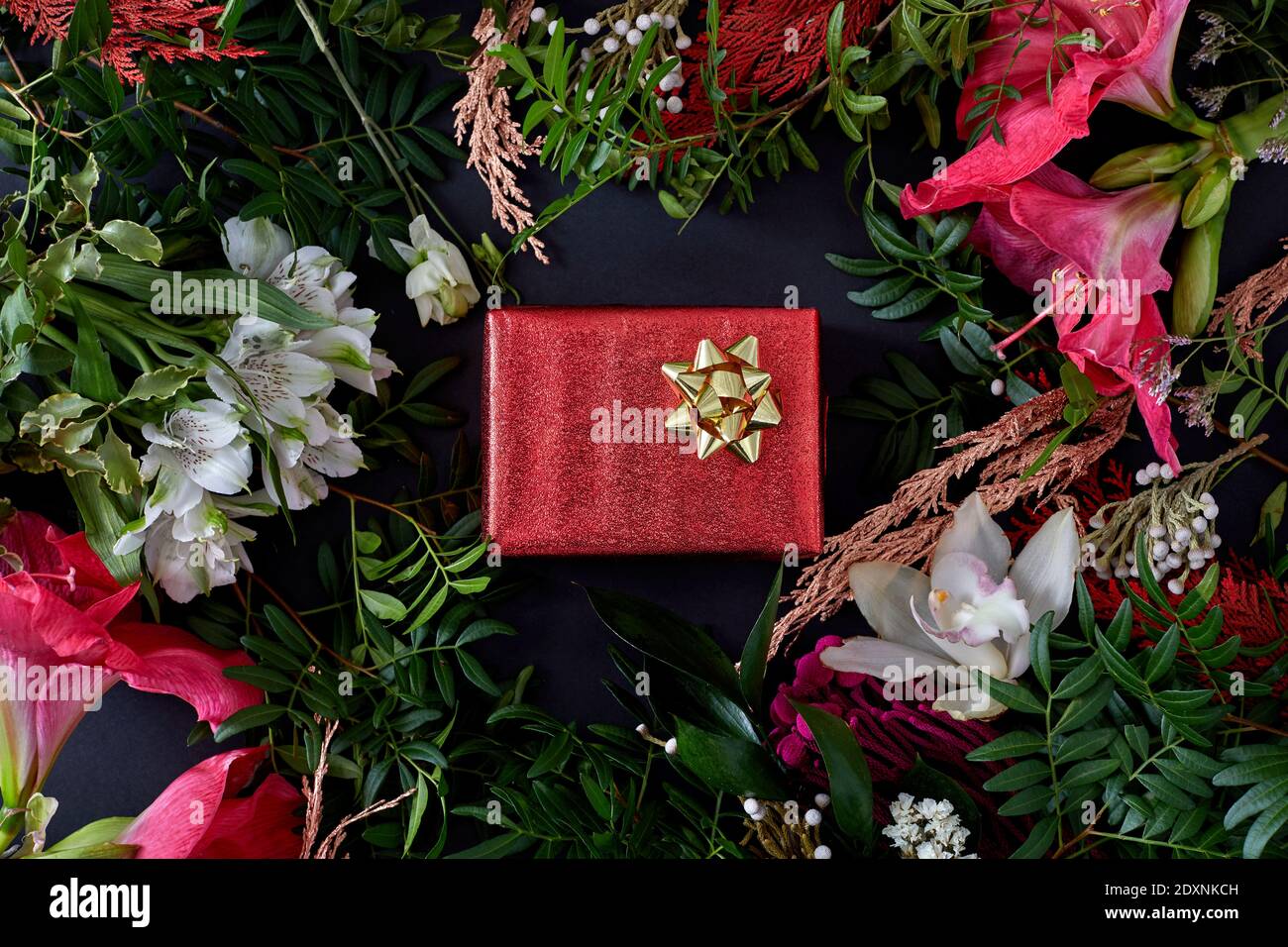 Rote Schachtel mit einem Geschenk, umgeben von Blumen auf einem Dunkler Hintergrund flach lag Stockfoto