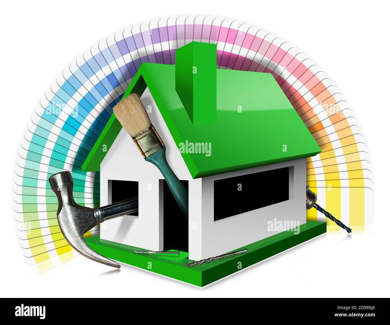 Kleines Modellhaus mit Arbeitswerkzeugen und Farbmusterführung und einem Pinsel, isoliert auf weißem Hintergrund. 3D-Illustration und Fotografie. Stockfoto