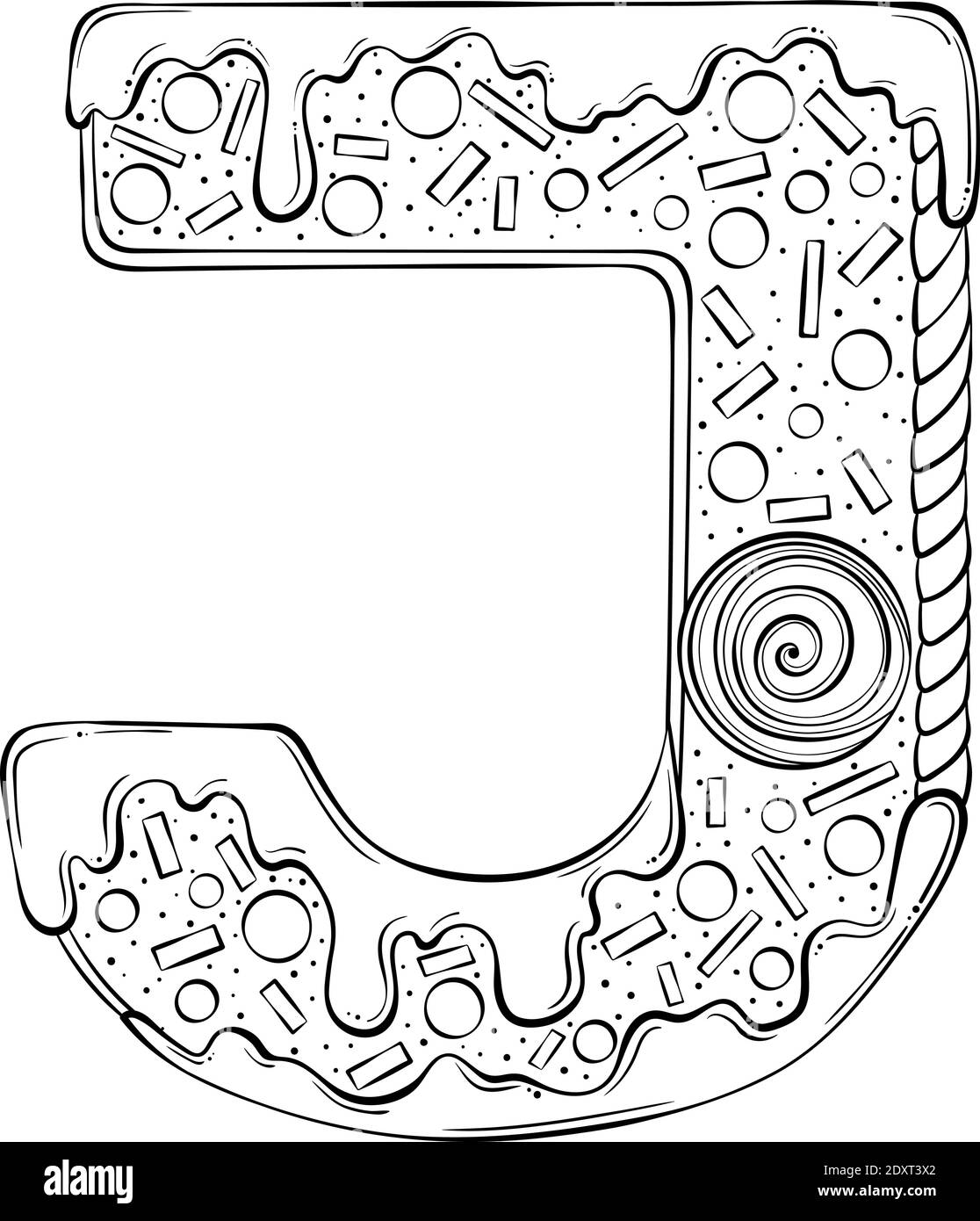 Brief J. Lebkuchen Cookies in Form von Buchstaben. Cartoon Vektor-Schriftart in Hand gezeichnet Linie Art Stil isoliert auf weißem Hintergrund. Logo-Vorlage für Schriftzüge. Malbuch Design. Stock Vektor