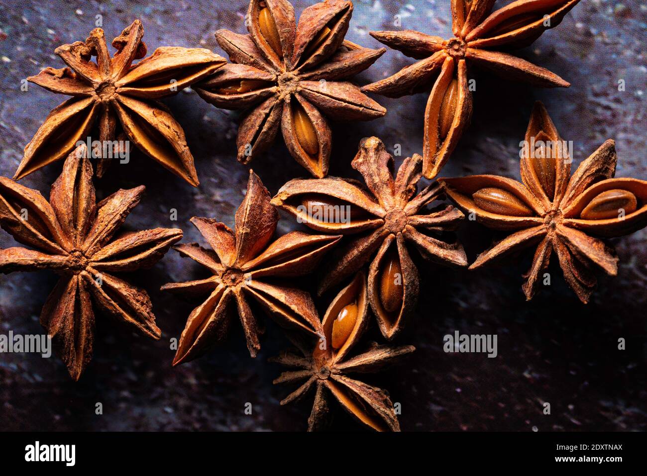 Gruppierung von Sternanisschoten, die Samen zeigen Stockfoto