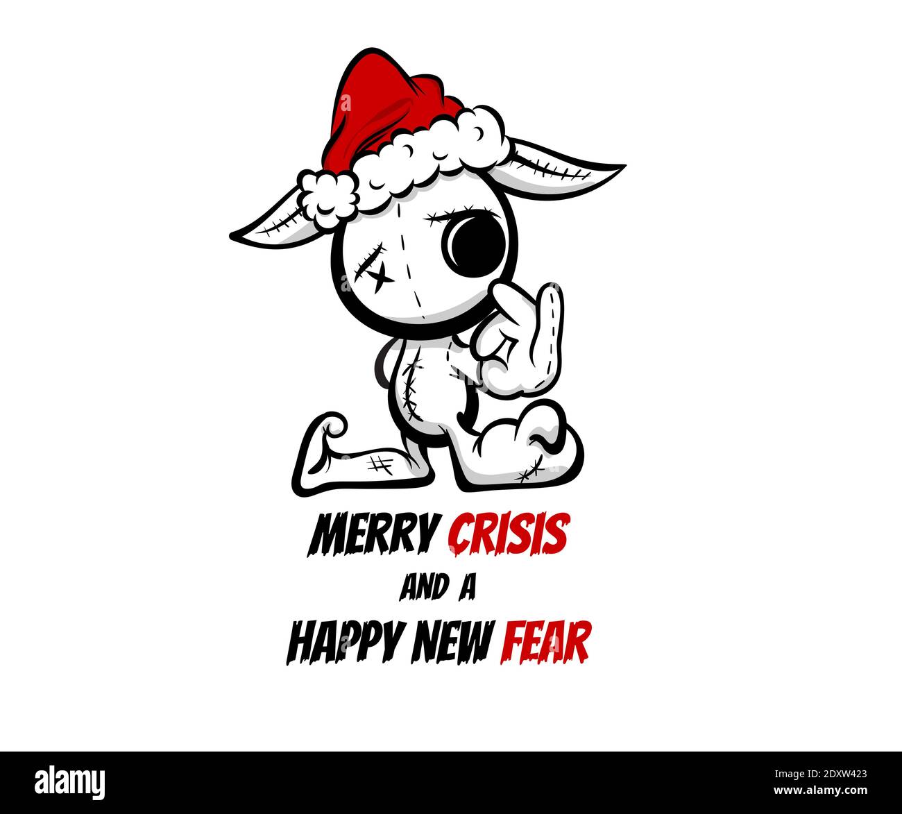 Frohe Krise und Frohe neue Angst Witz zu Weihnachten und frohe Neujahrsgrüße. Pop Art Comic Text Schriftzug. Verrückte böse Kaninchen Santa schlechten Charakter i Stock Vektor