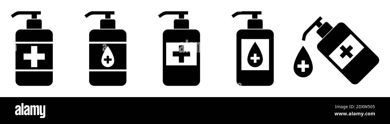Hand antiseptisch. Satz schwarzer antiseptischer Symbole. Händewaschen mit Desinfektionsmittel. Vektorgrafik. Stock Vektor