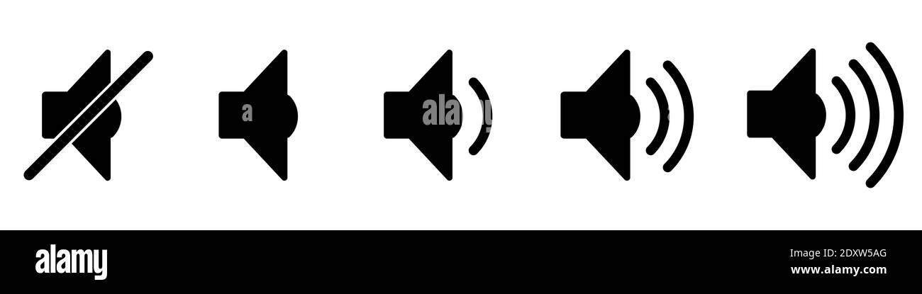 Lautstärkesymbol. Satz schwarzer Lautstärkensymbole. Symbole mit unterschiedlichen Lautstärken. Vektorgrafik. Stock Vektor