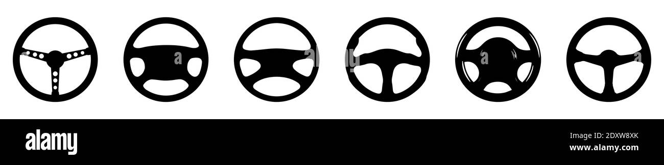 Autoradsymbol. Vektorgrafik. Satz verschiedener Lenkräder. Schwarze Auto-Lenkrad-Symbole. Stock Vektor