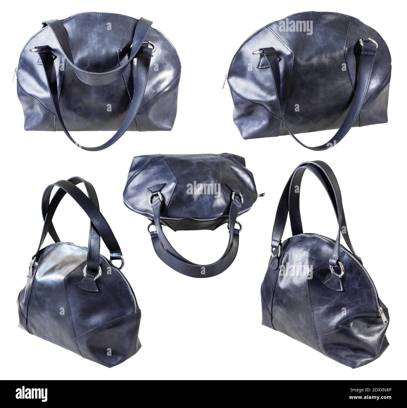 Set von handgefertigten dunkelblauen Leder Handtasche isoliert auf weiß Hintergrund Stockfoto