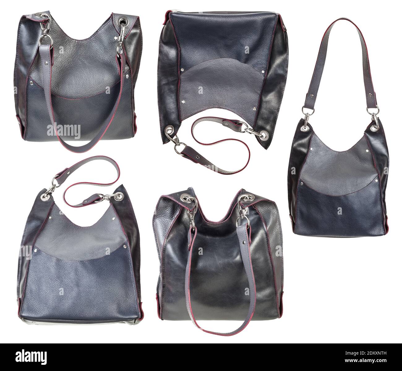 Set von handgefertigten grauen Leder Handtasche mit großer Tasche und Rote Kanten auf weißem Hintergrund isoliert Stockfoto