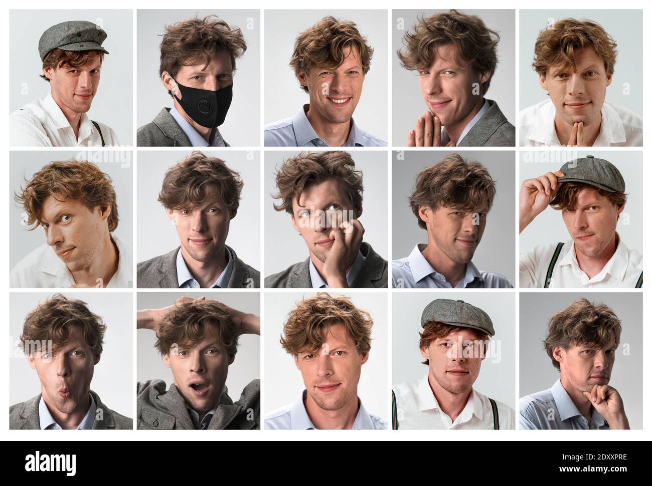 Collage eines Mannes Porträts mit verschiedenen Emotionen und Gesten isoliert auf weißem oder grauem Hintergrund. Mehrbildige Montage, geteilte Collage Stockfoto