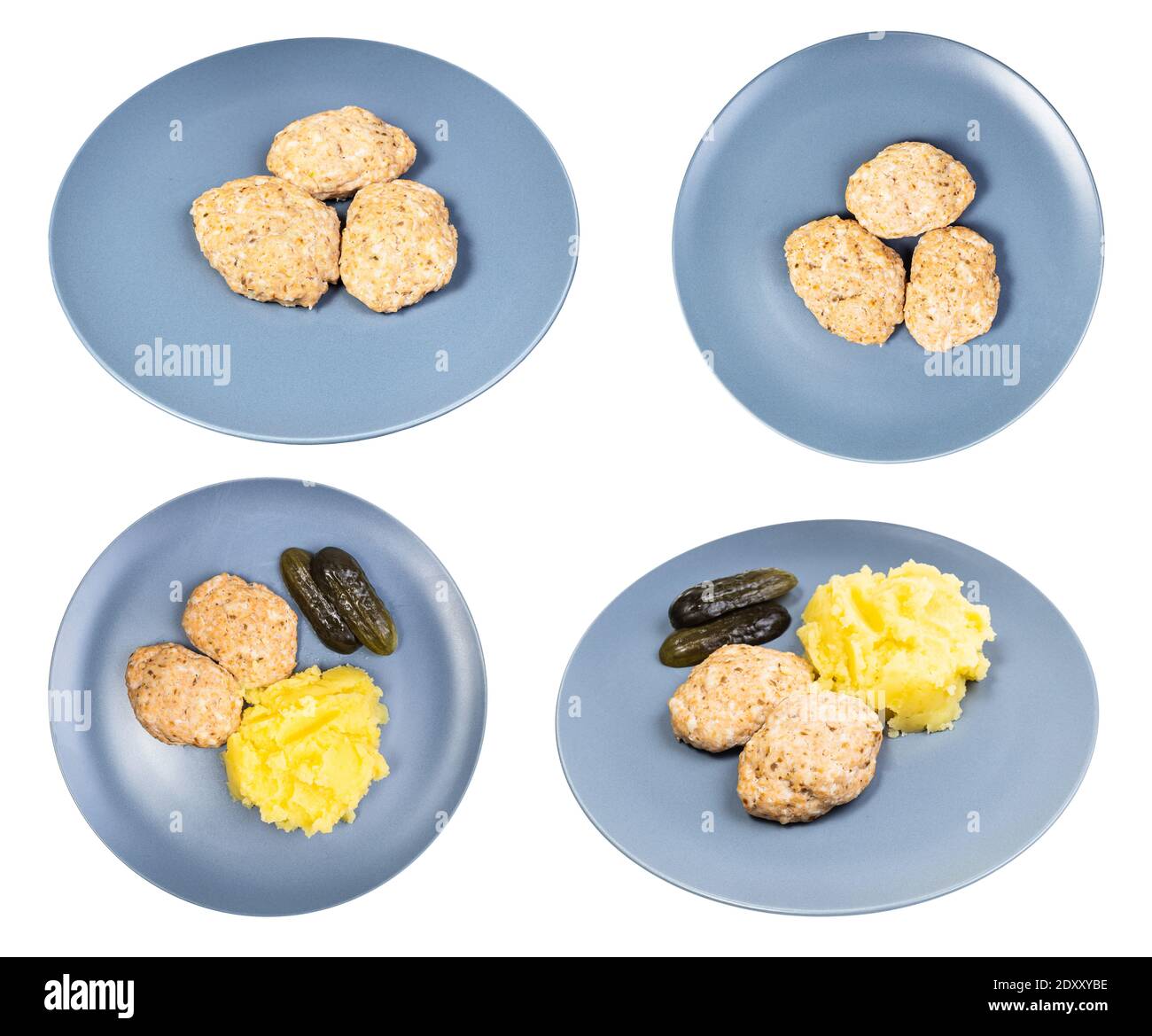 Set von Portion hausgemachtem gedünstetem rotem Fischschnitzel auf Blaue Platte isoliert auf weißem Hintergrund Stockfoto