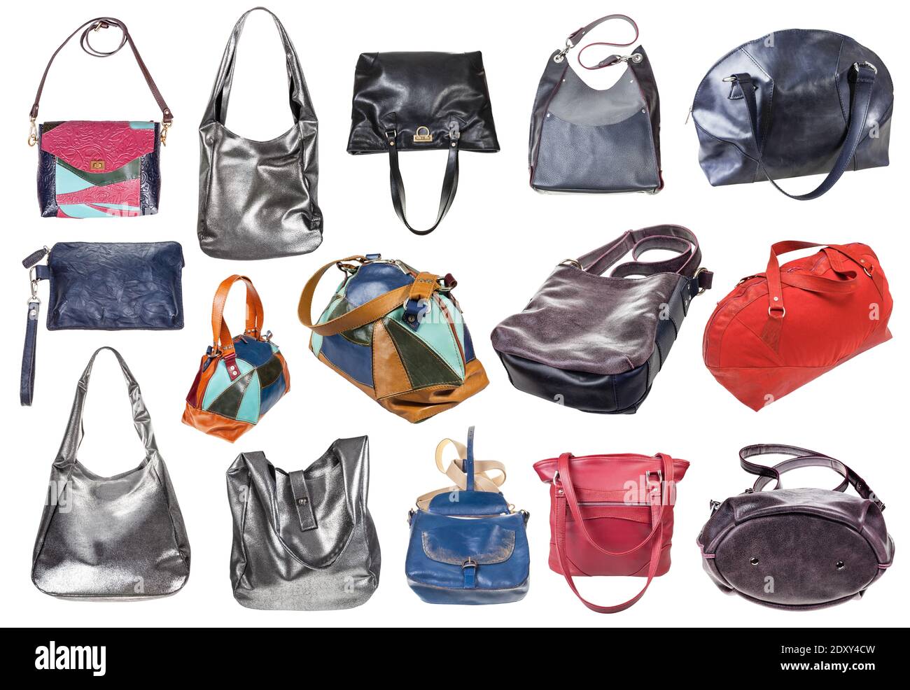 Collage aus verschiedenen handgefertigten Damen Ledertaschen isoliert auf weiß Hintergrund Stockfoto