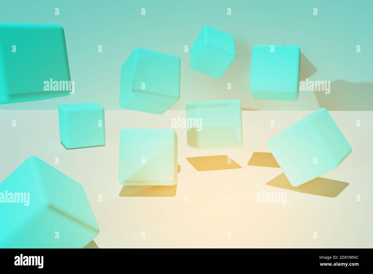 Geometrischer Hintergrund aus Quadraten. Fliegende farbige Formen. Minimalistischer Stil. 3D-Rendering Stockfoto