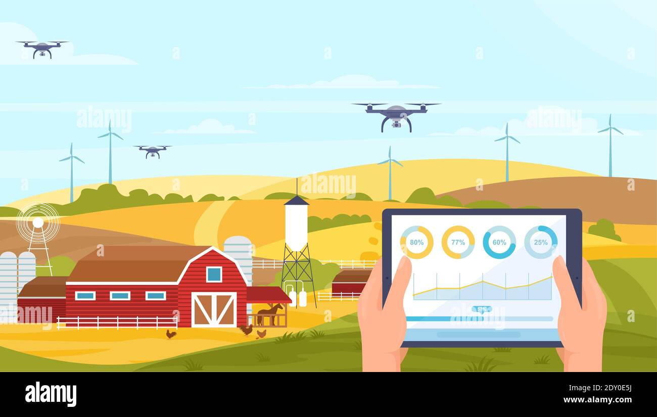 Landwirtschaft Innovation Bauernhof-Technologie, Cartoon-Hände mit Tablet für intelligente Landwirtschaft Stock Vektor
