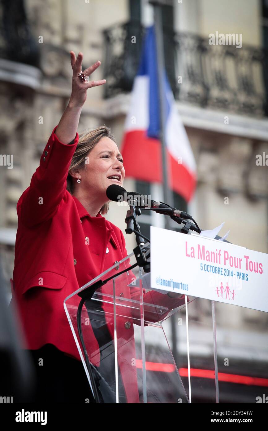 Ludovine de la Rochere und Zehntausende Demonstranten gingen am Sonntag, den 5. Oktober 2014, auf die Straßen von Paris, Frankreich, um sich gegen die von ihnen als familienfeindlich vertrat Politik der Regierung zu wehren. Die Protestierenden, darunter eine Mischung aus Hardliner-Katholiken und traditionellen Konservativen, erklärten ihren Widerstand gegen eine Reihe von Ursachen, darunter Leihmutter und künstliche Besamung für nicht-verheiratete Paare. Foto von Audrey Poree/ABACAPRESS.COM Stockfoto