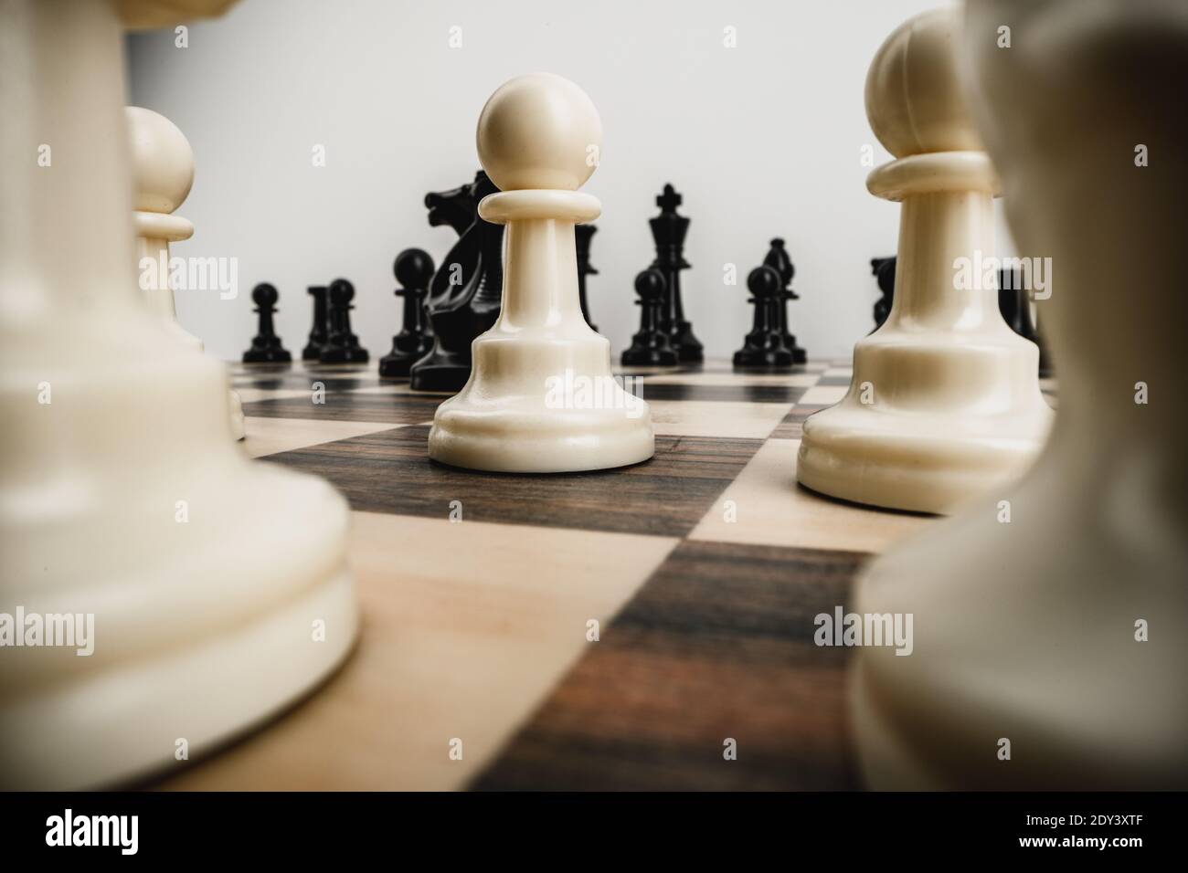 Macro photo of chess pieces on a chess board Stockfoto