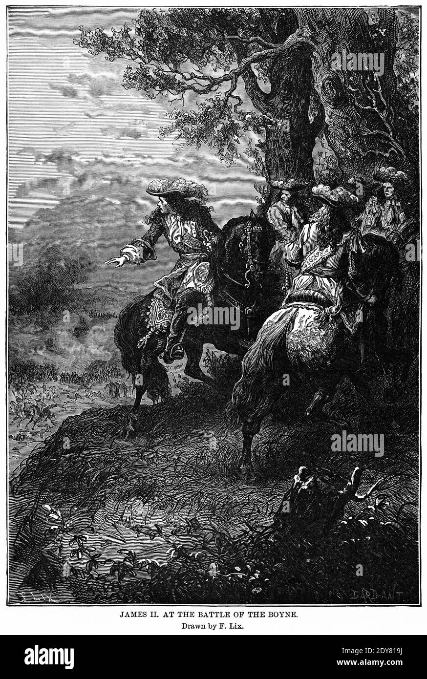 James II. In der Schlacht der Boyne, gezeichnet von F. LIX, Illustration, Ridpath's History of the World, Band III, von John Clark Ridpath, LL. D., Merrill & Baker Publishers, New York, 1897 Stockfoto