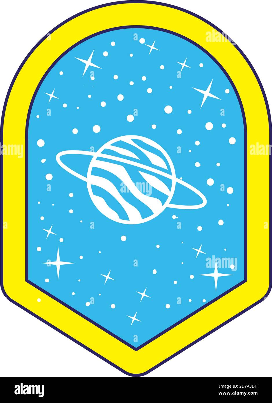 Emblem mit saturn und Sternen in ihm über einem weißen Hintergrund Stock Vektor