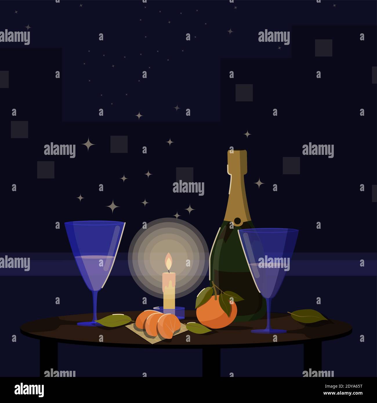 Abend bei Kerzenschein auf dem Hintergrund der Stadt und dem Sternenhimmel. Romantisches Abendessen mit Champagner. Vektorgrafik Stock Vektor