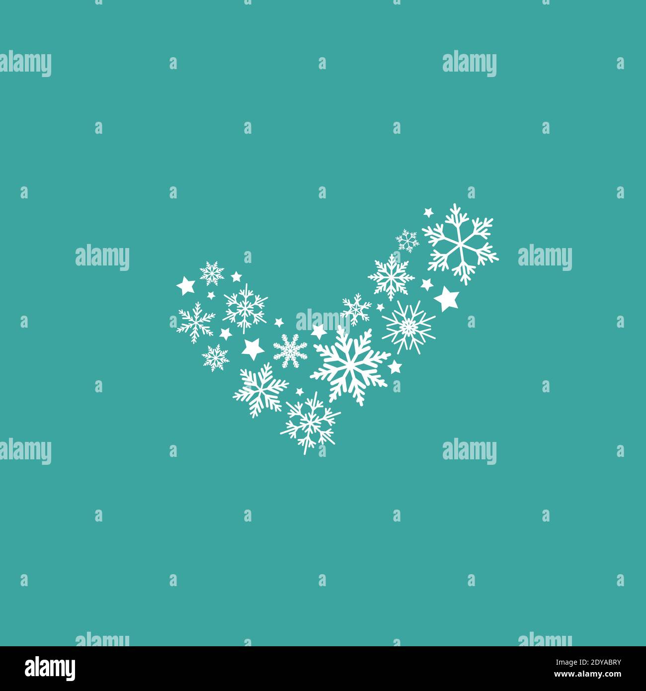 Check Mark aus Schneeflocken und Sternen. Weihnachtsfeiertag gültiges Siegel. OK-Sticker-Symbol auf weiß isoliert. Schaltfläche Akzeptieren. Gut für Web und Software int Stock Vektor