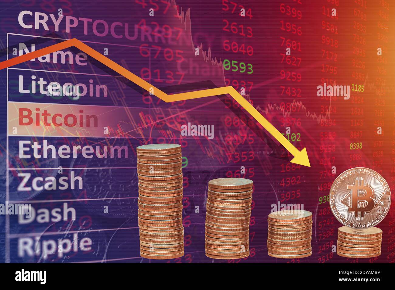 Bitcoin-Preisabfall vom Marktpreis nach unten Turn-Konzept Stockfoto