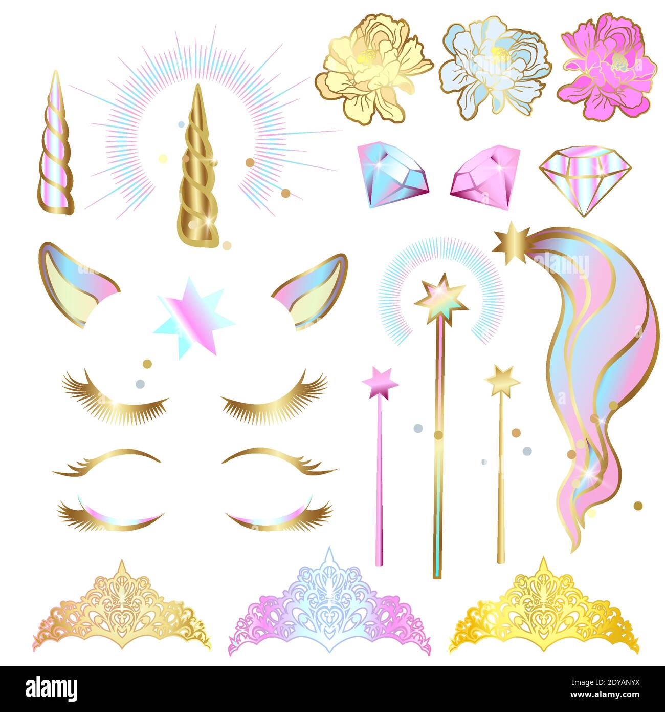 Set von Design-Elementen für ein Einhorn mit geschlossenen Augen und einem Blumenkranz mit Funkeln. Stock Vektor
