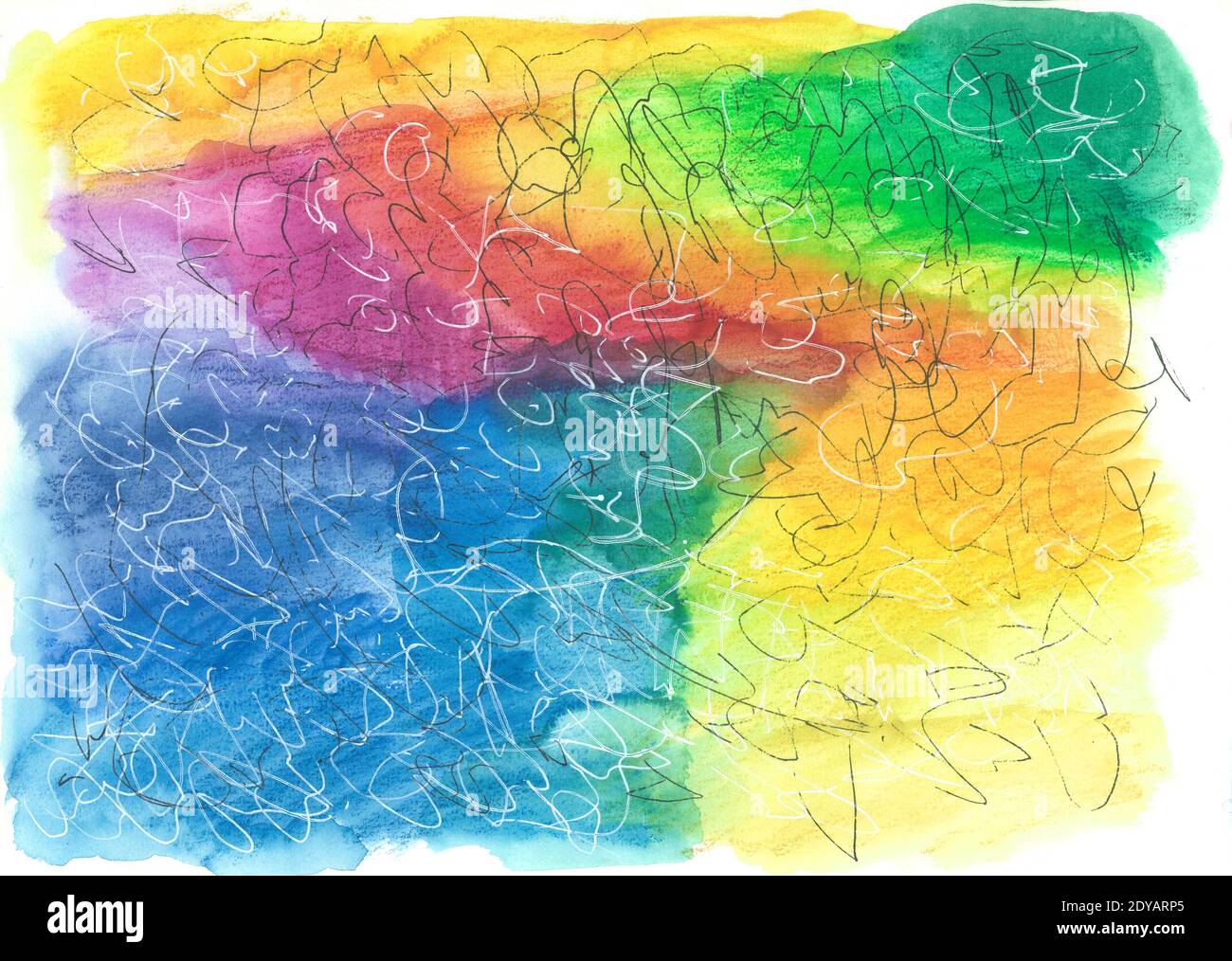 Helle Aquarell-Regenbogenstifte mit weißer und schwarzer Kritzelstruktur Hintergrund Stockfoto