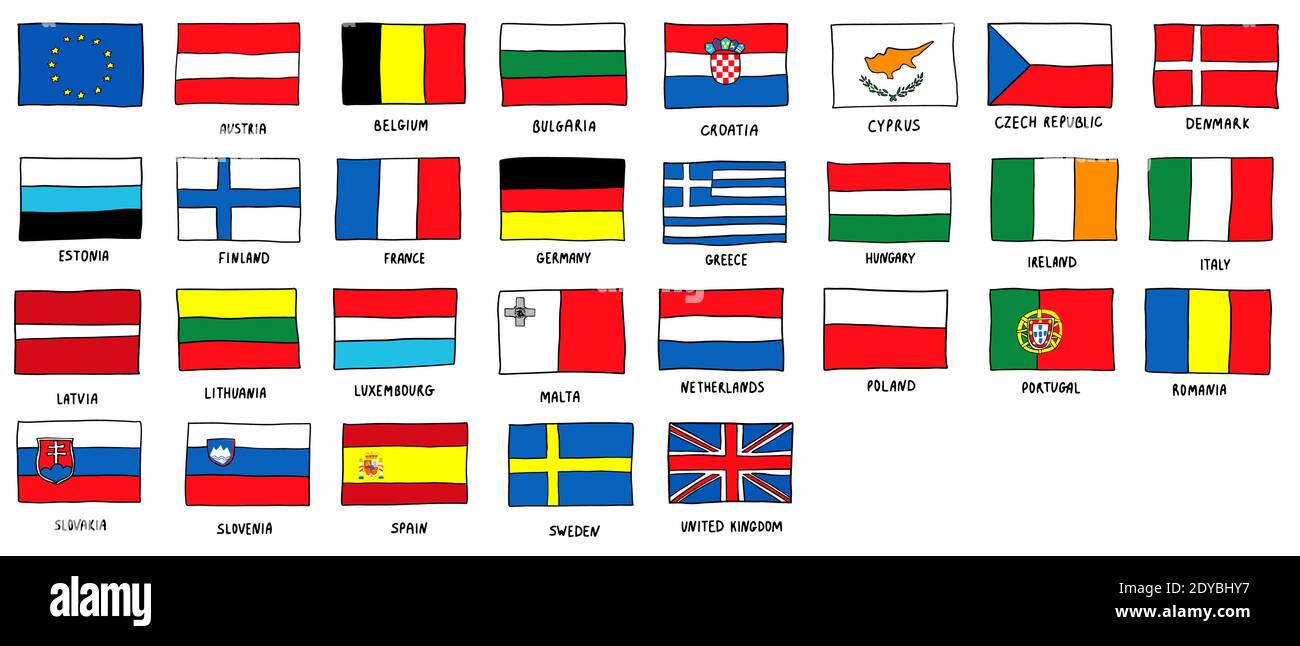 Set von EU-Flaggen Skizze Stil Vektor Doodle Illustration Stock Vektor
