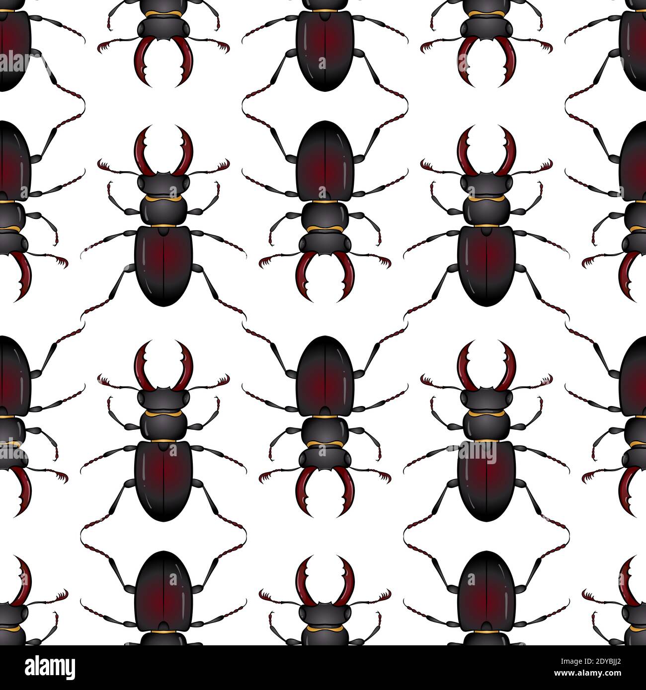 Cartoon bunte Käfer Hirsch Muster isoliert auf weißem Hintergrund. Nahtloses Muster. Vektorgrafik im handgezeichneten Stil. Textur für Druck, Banner, Textil, Geschenkpapier Stock Vektor