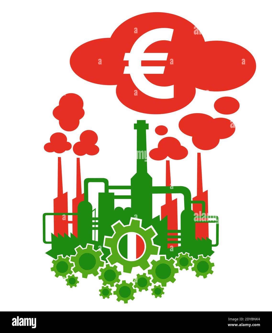 Fabrik in den Farben der Flagge Italiens als Metapher Der italienischen Industrie und ihrer finanziellen Gewinn oder Krise ausgedrückt Als Einkommen von Euro Stockfoto