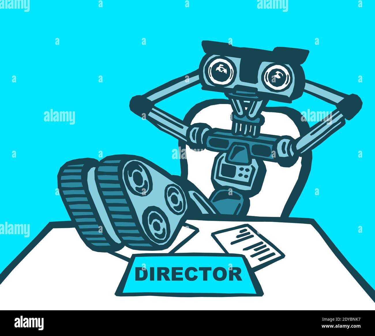 Illustration eines Roboters, der hinter dem Tisch als Regisseur sitzt. Metapher für die vierte industrielle Revolution - Industrie 4.0 - und künstliche Intelligenz Stockfoto