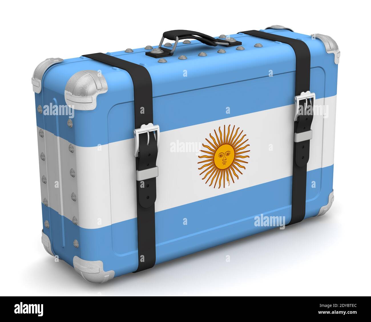 Stilvoller Koffer mit der Nationalflagge Argentiniens. Retro Koffer mit der Nationalflagge der Argentinischen Republik steht auf einer weißen Fläche Stockfoto