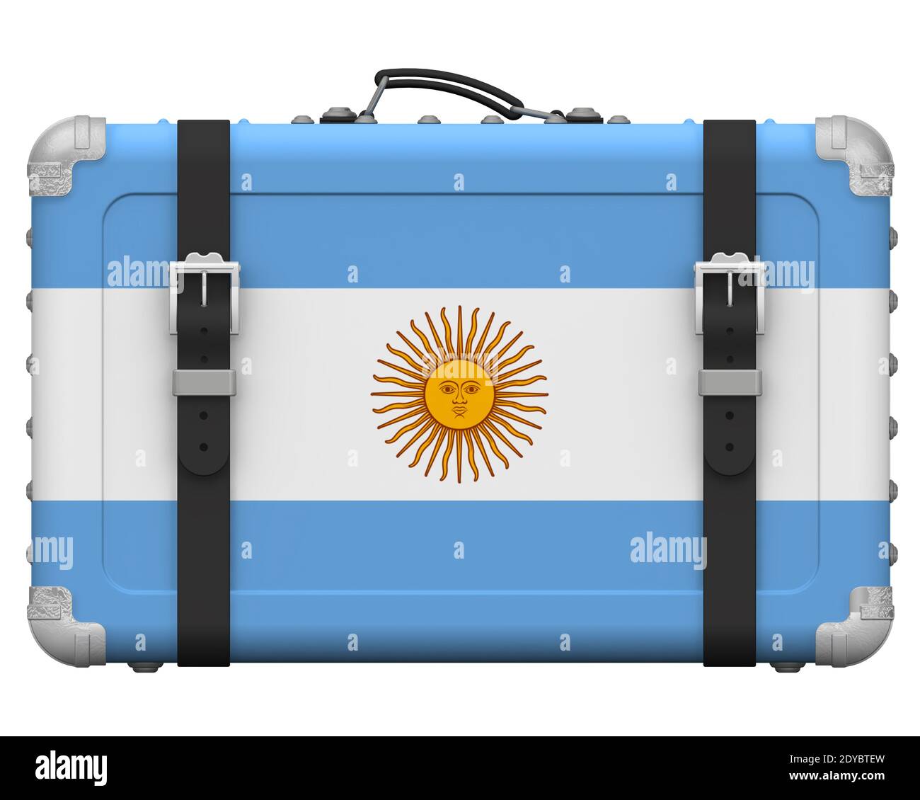 Stilvoller Koffer mit der Nationalflagge Argentiniens. Retro Koffer mit der Nationalflagge der Argentinischen Republik steht auf einer weißen Fläche Stockfoto