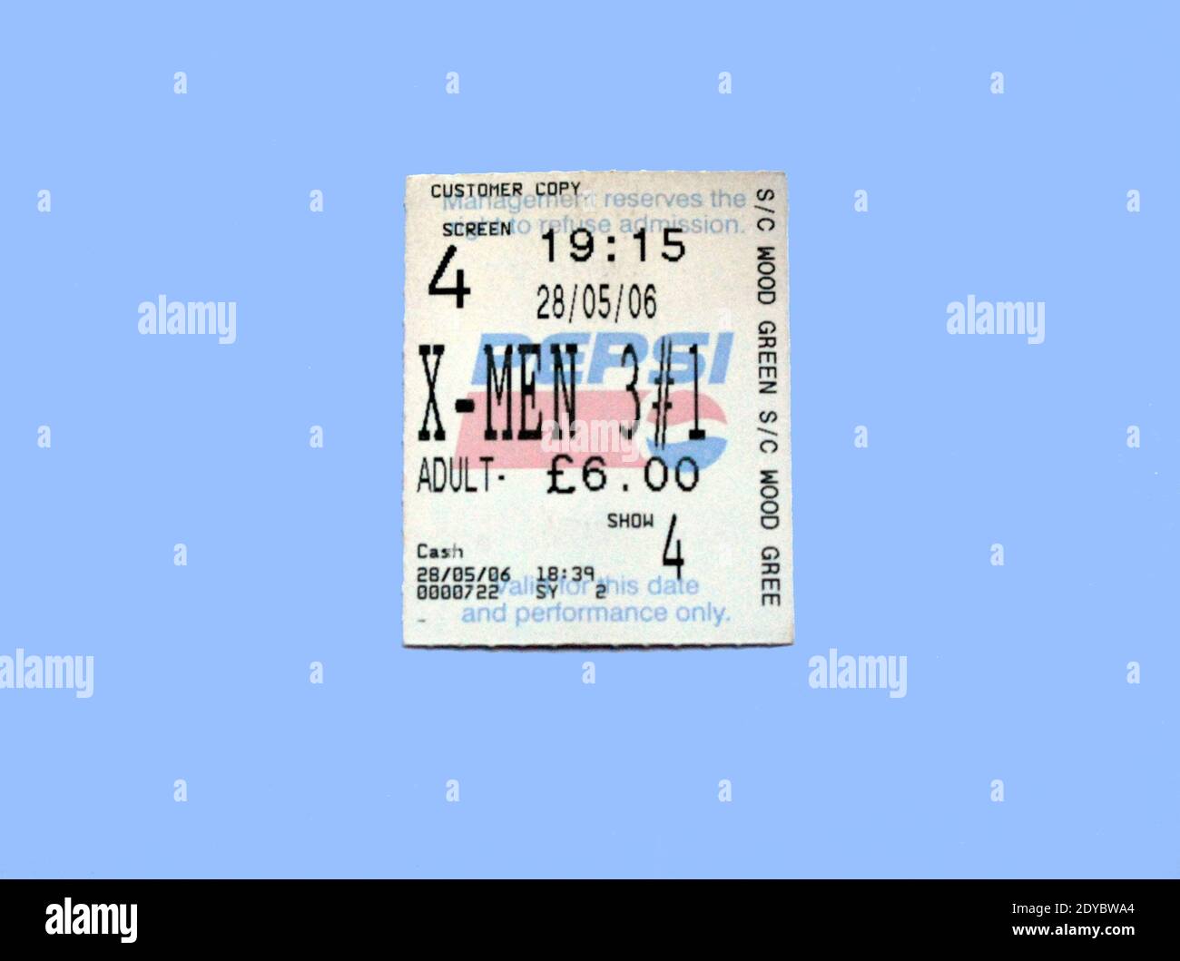 Vintage Kino Ticket Wood Green Vue, X-Men 3, X-Men: The Last Stand, datiert 28. Mai 2006 (UK Film Release Date war 25.), Preis für £6 für einen Erwachsenen Stockfoto