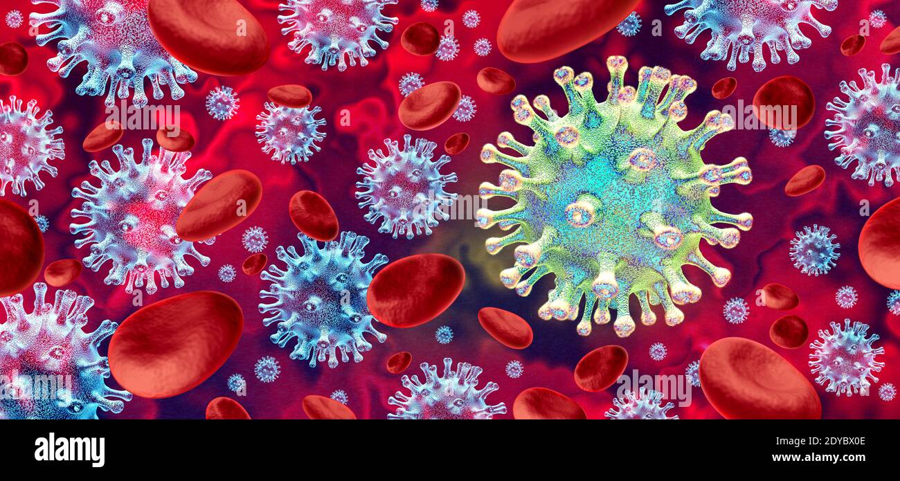 Neue Coronavirus-Variante Ausbruch und covid-19 Virus Zellmutation Ausbreitung und Influenza Hintergrund als gefährliche Grippe Stamm als Pandemiemedizin. Stockfoto