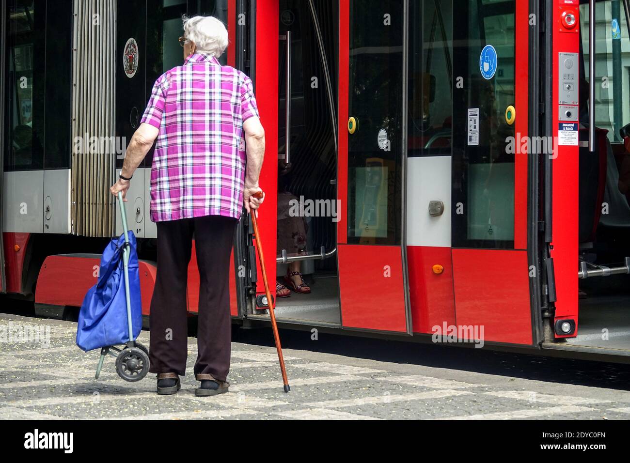 Ältere Frau an Straßenbahnhaltestelle, Rückansicht alte Frau Stadtverkehr ältere Frau verwirrt Stockfoto