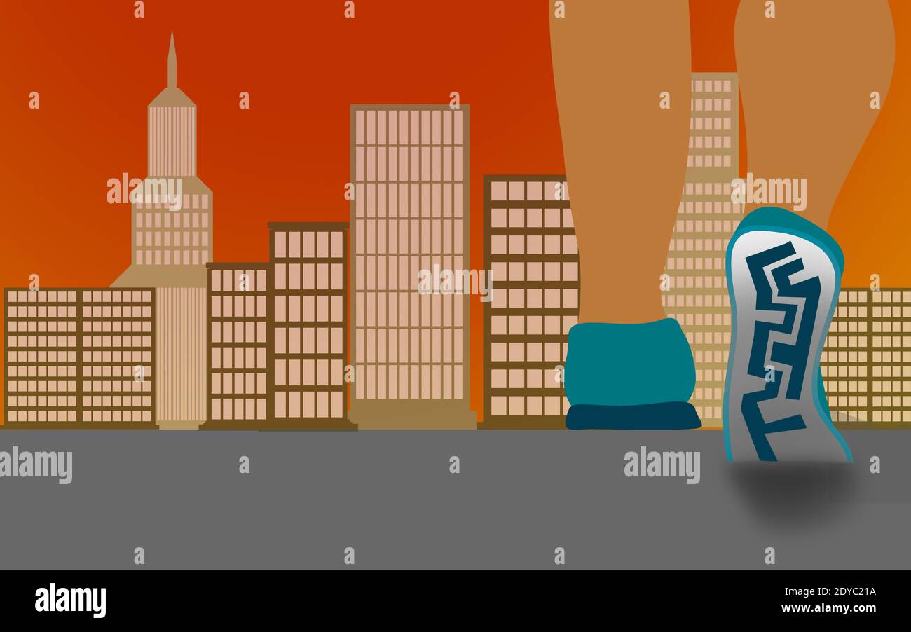 Eine Illustration eines Fußes zu Fuß mit gemusterten Socken, in der Stadt voller Türme Stockfoto