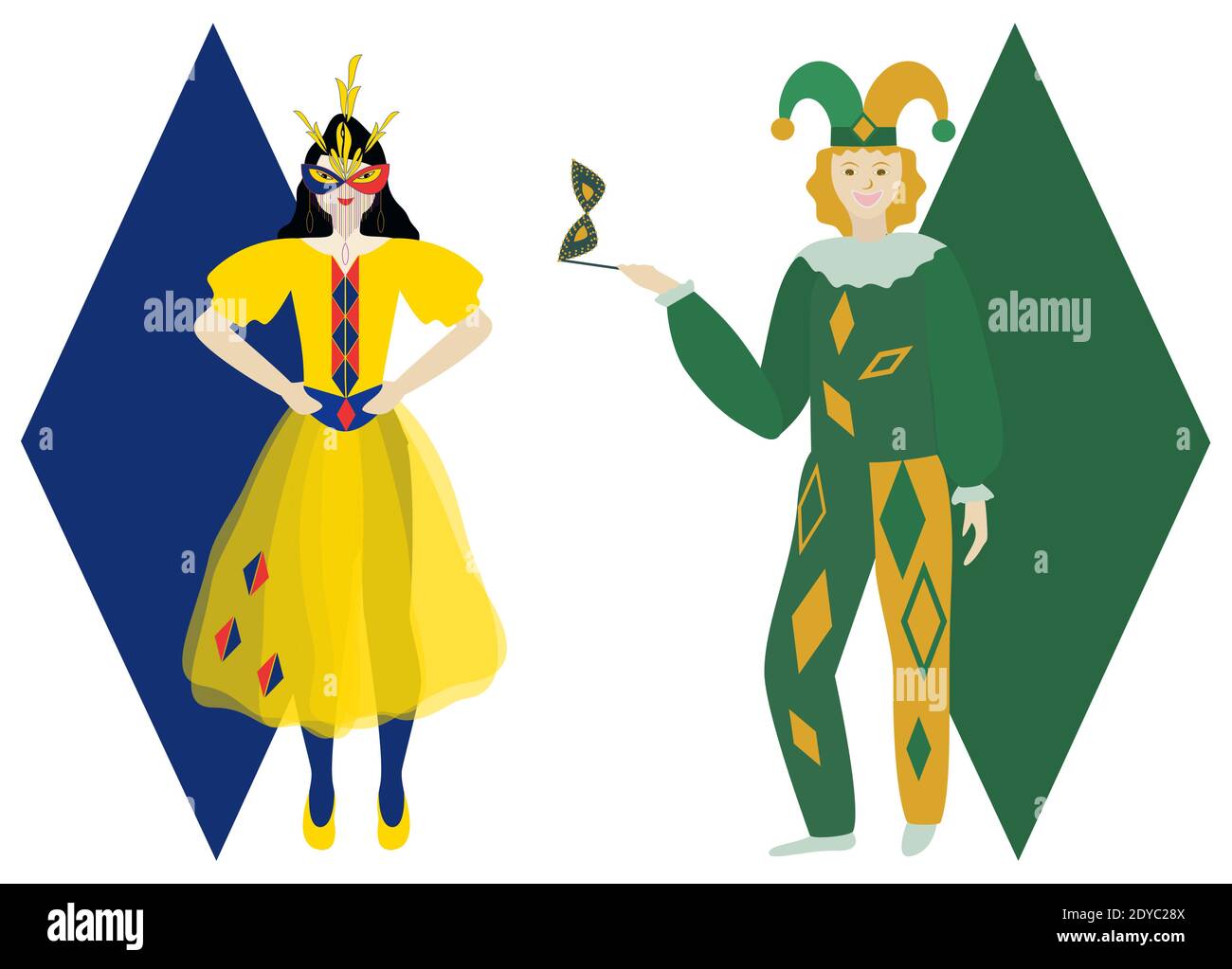Harlequin und Columbine. Mardi Gras Karneval Figuren. Isolierte Vektordarstellung auf weißem Hintergrund. Stock Vektor