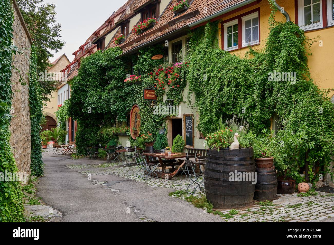 Fassade einer Weinbar in der Altstadt von Rothenburg ob der Tauber, stark bewachsen mit Pflanzen, Bayern, Deutschland Stockfoto