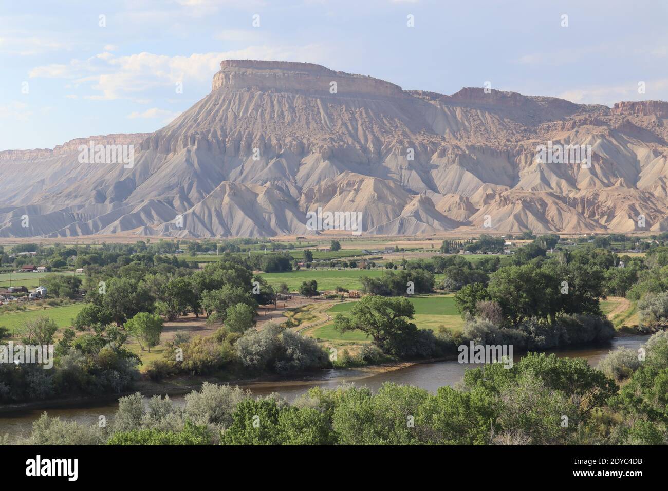 Ein Landschaftsblick über ein Tal mit Colorado River bis Mt. Garfield, der Höhepunkt der Book Cliffs, nördlich von Grand Junction, Colorado Stockfoto