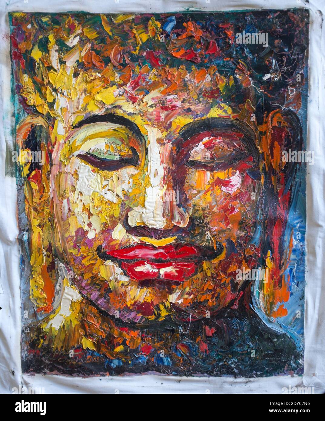 Mehrfarbiges Ölgemälde des Buddhas-Kopfes Stockfoto