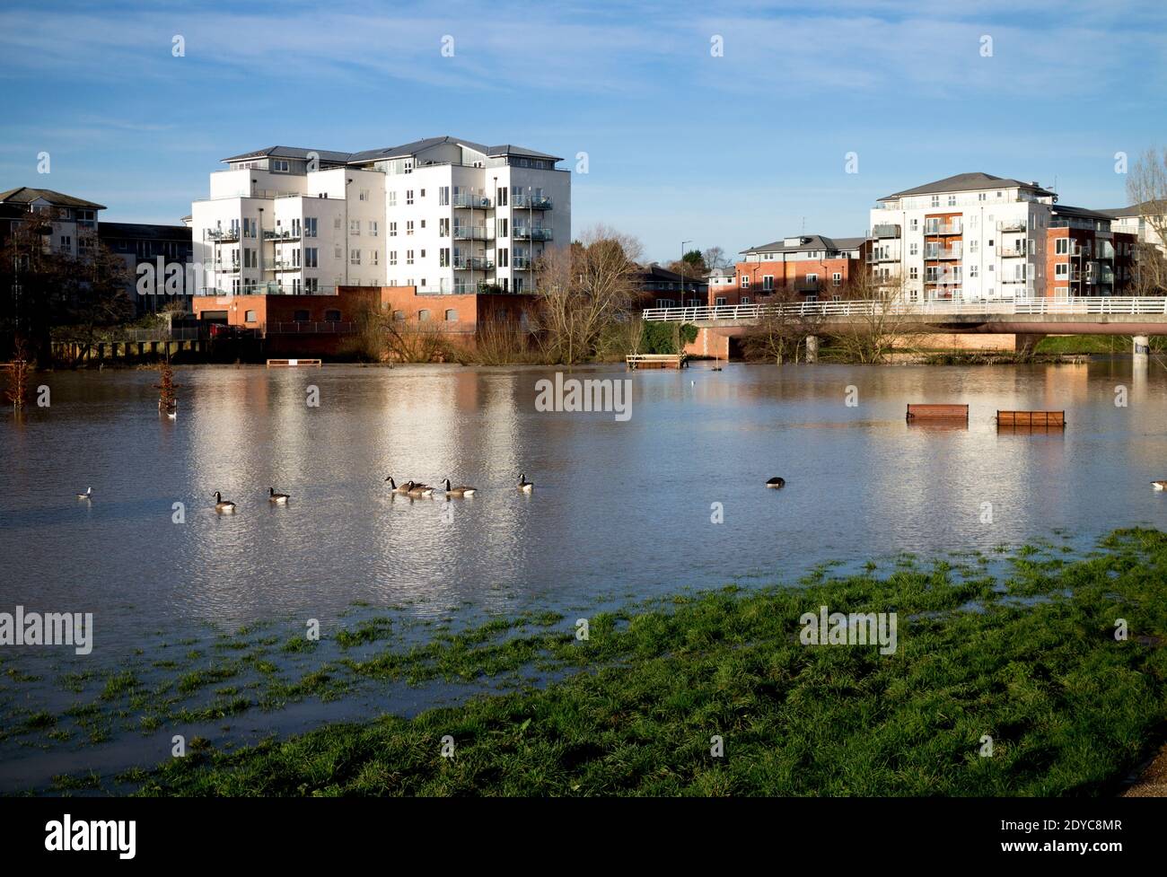 Flutwasser am Weihnachtstag 2020 am Fluss Avon und Portobello Riverside Apartments, Warwick, Warwickshire, Großbritannien Stockfoto