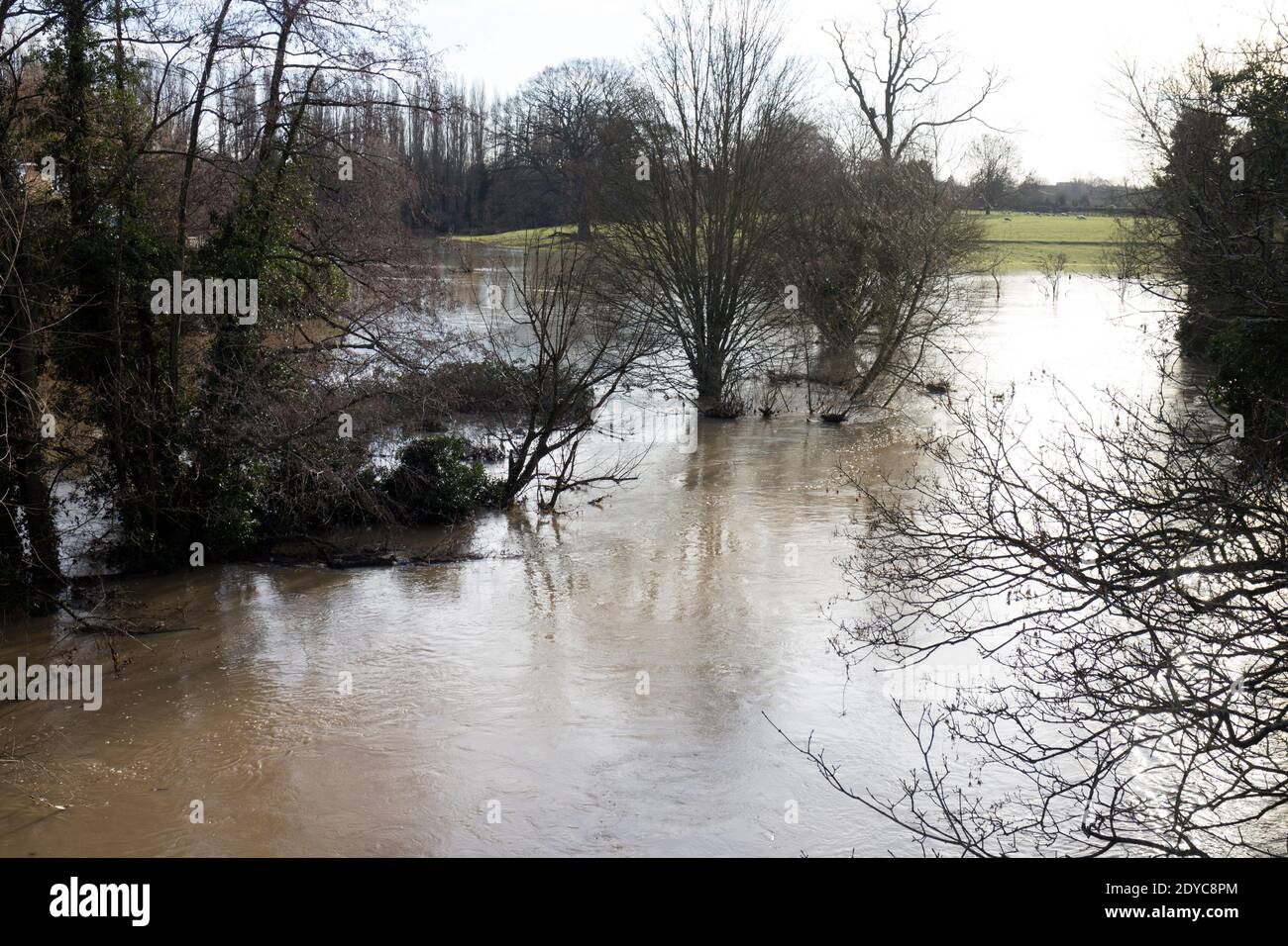 Flutwasser am Weihnachtstag 2020 am Zusammenfluss des Flusses Avon und des Flusses Leam, Warwick, Warwickshire, Großbritannien Stockfoto