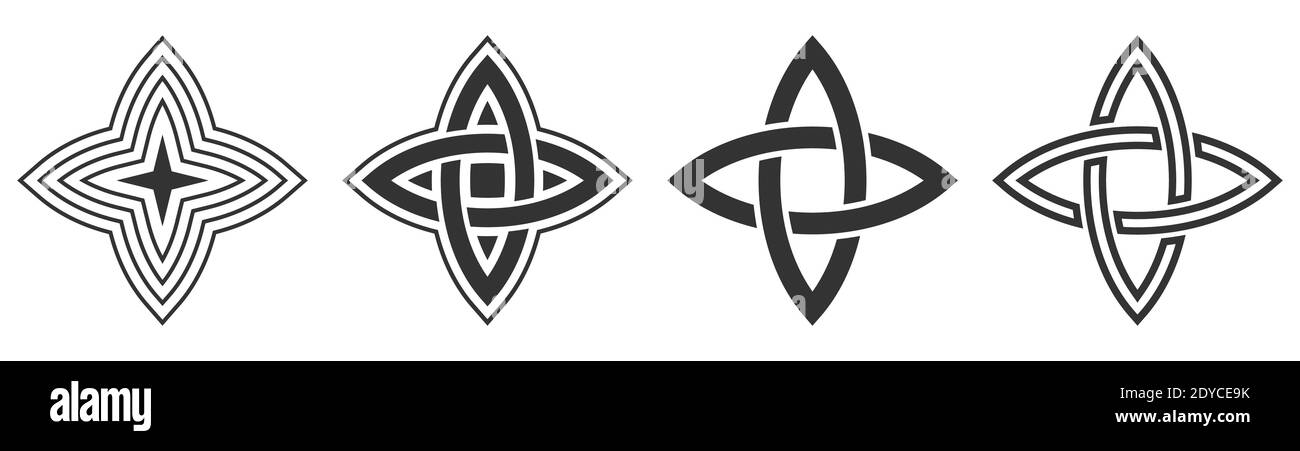 Set aus vier abstrakten geometrischen Ikonen, Schilder in flachem Stil. Vier spitze Sterne. Isoliert auf weißem Hintergrund. Vektor-Monochrom-Illustration. Stock Vektor